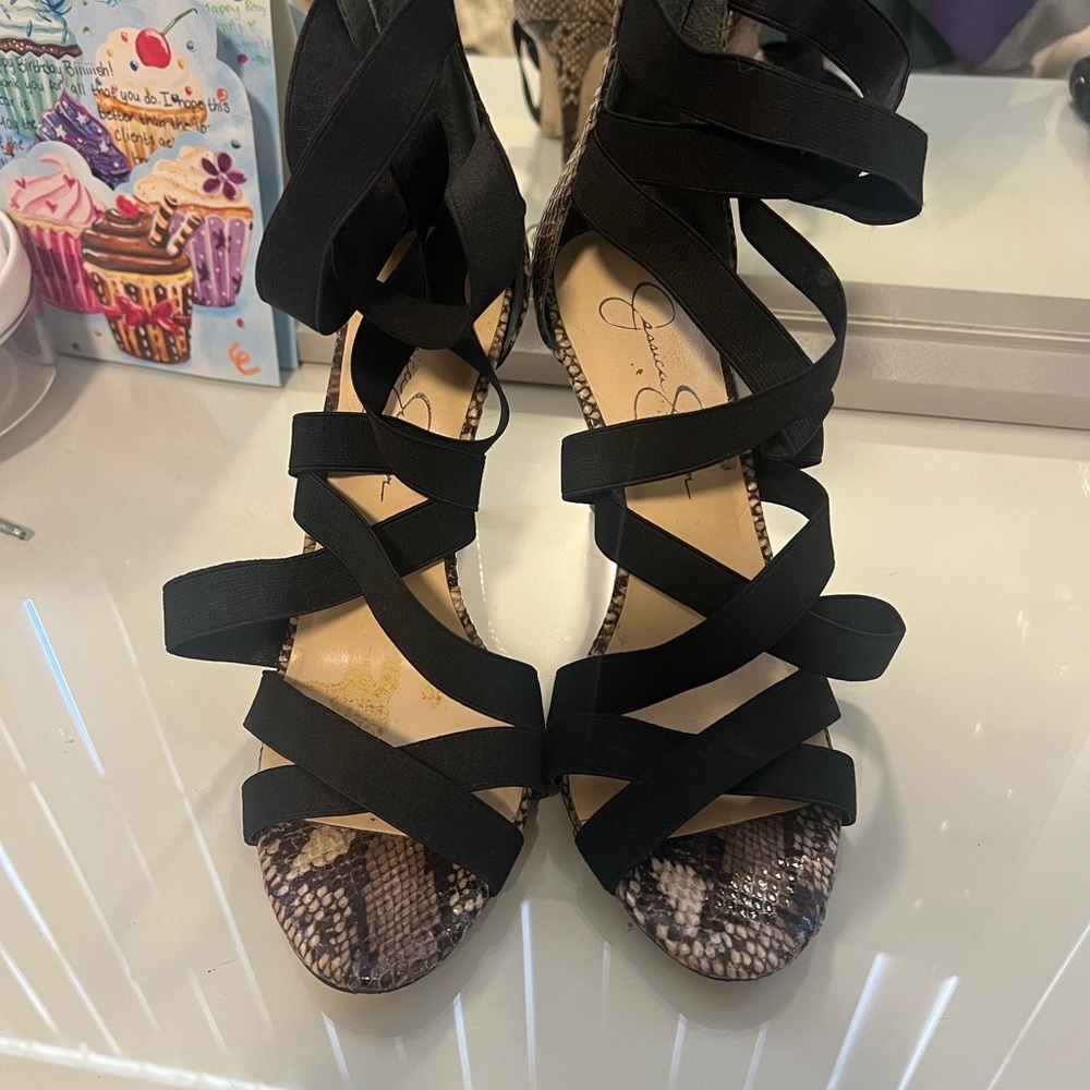 Jessica Simpson Black and Brown Strappy Heels